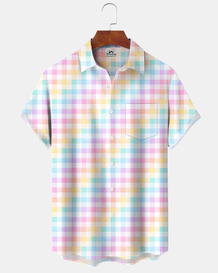 Alohadaddy® Basic Check Geometric Rainbow Gradient Pocket Short-Sleeve Shirt