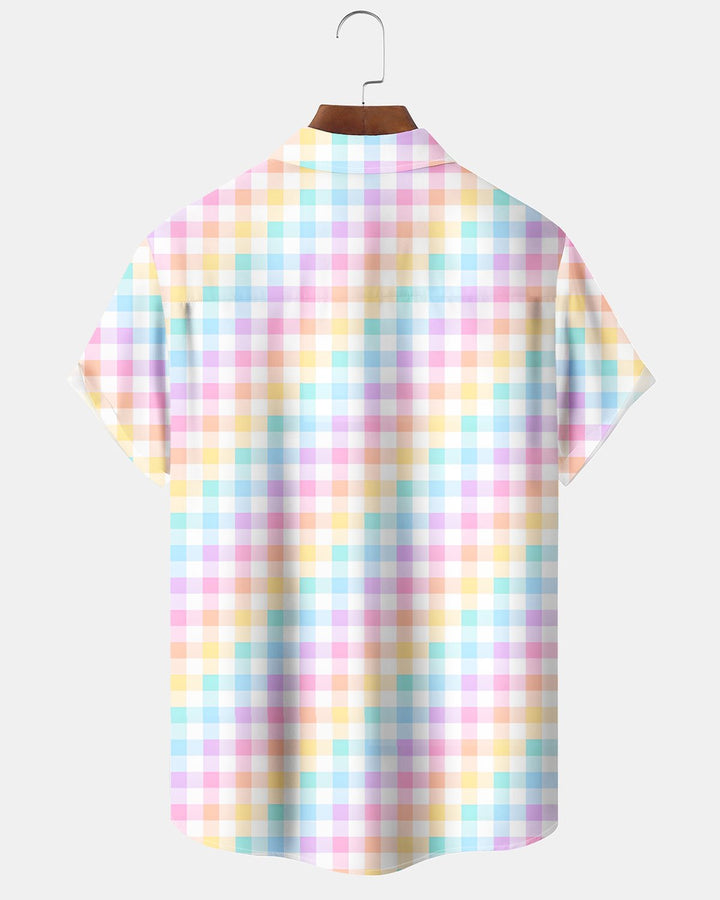 Alohadaddy® Basic Check Geometric Rainbow Gradient Pocket Short-Sleeve Shirt