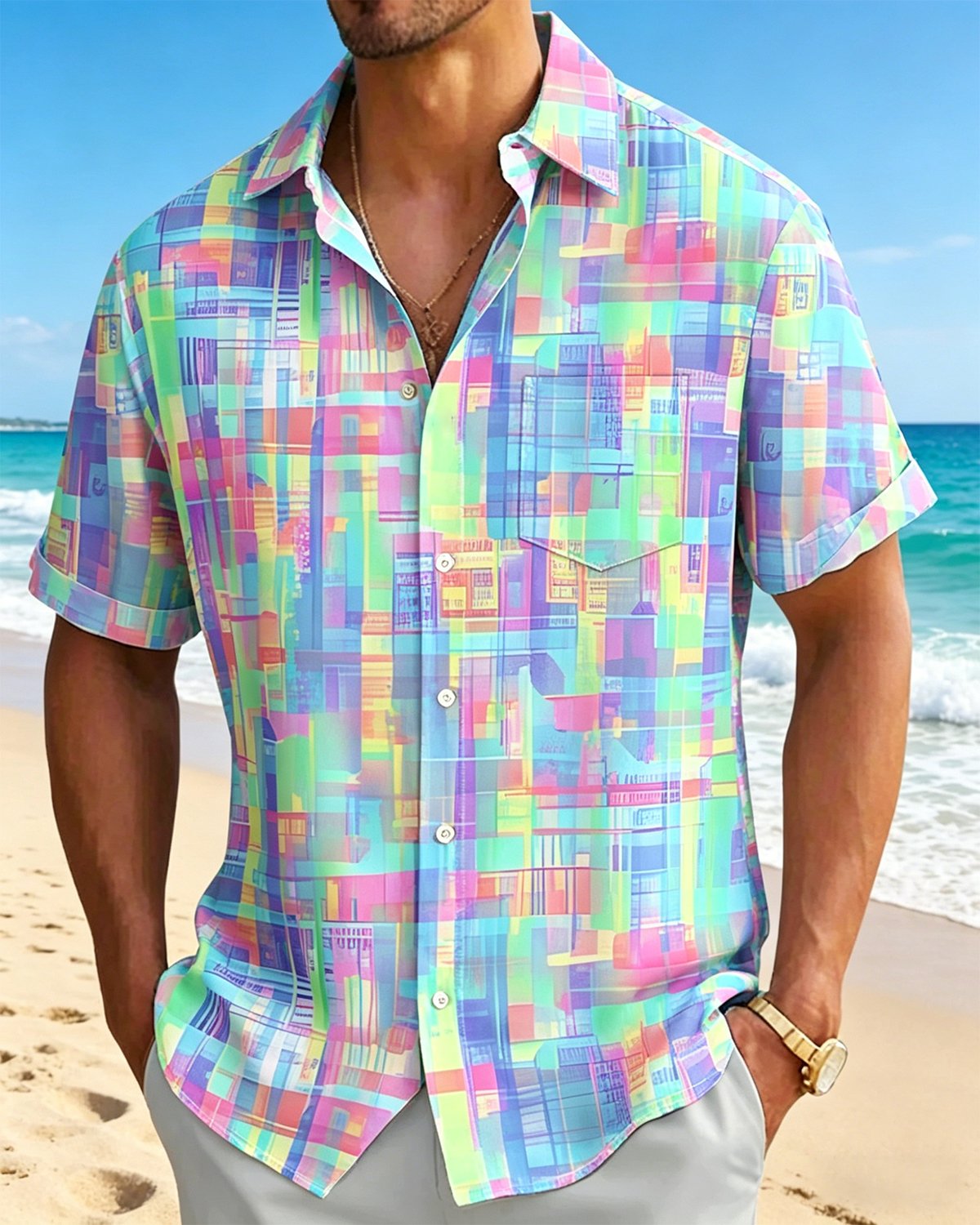 Alohadaddy® Retro Abstract Geometric Gradient Print Short-Sleeve Pocket Shirt