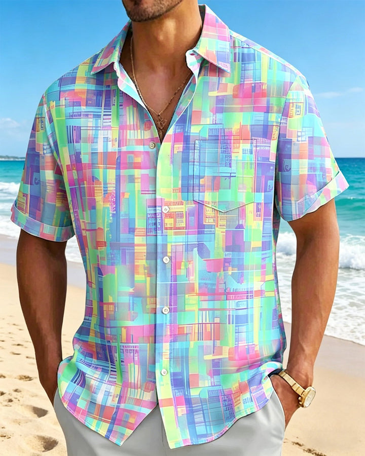 Alohadaddy® Retro Abstract Geometric Gradient Print Short-Sleeve Pocket Shirt