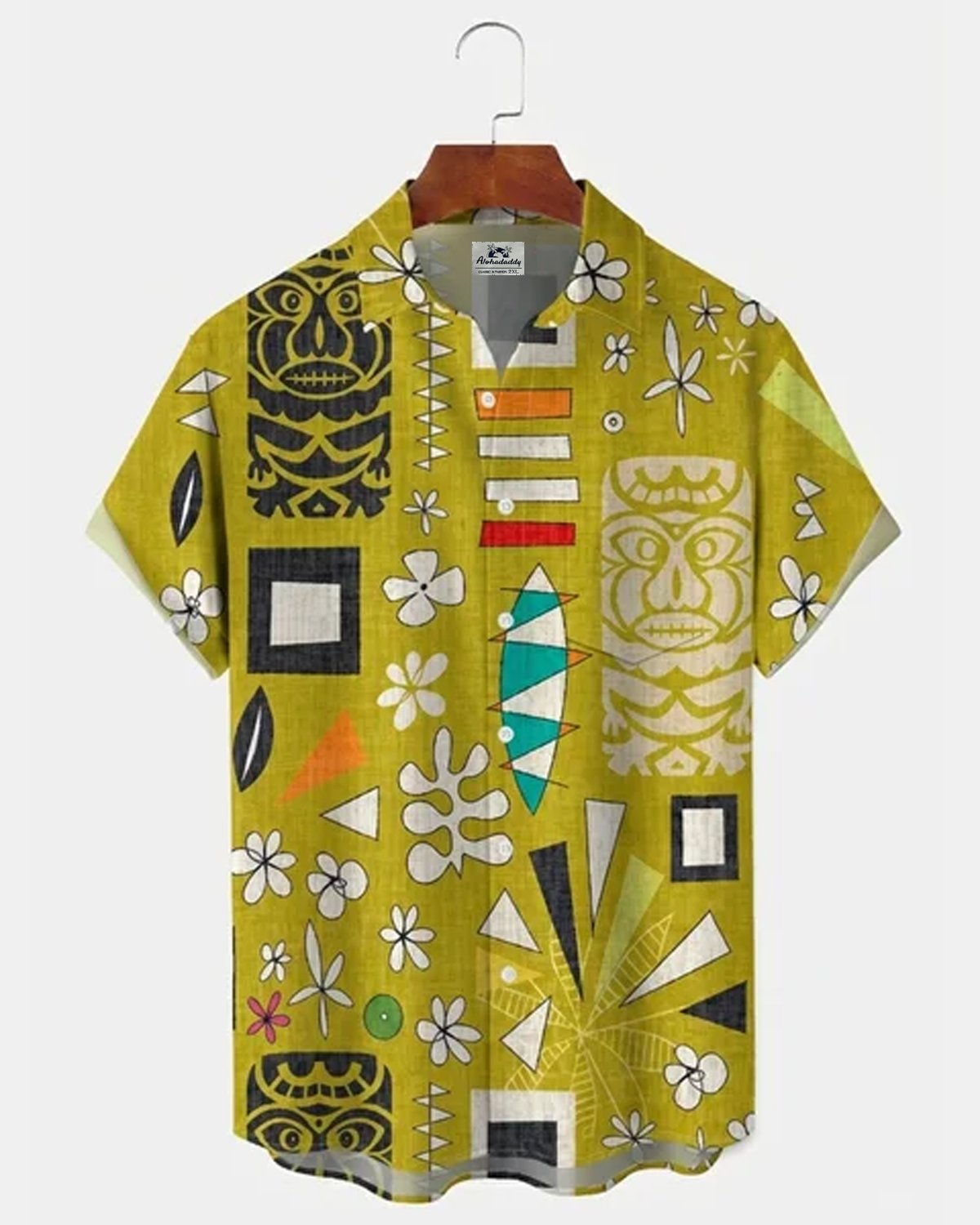 Alohadaddy® Men's Tropic TIKI Mid-Century Abstract Symbols Vibrant Grass Green Imagery Exotic Island Vibe Print Retro Button Down Short-Sleeve Shirt