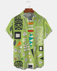 Alohadaddy® Men's Tropic TIKI Mid-Century Abstract Symbols Vibrant Grass Green Imagery Exotic Island Vibe Print Retro Button Down Short-Sleeve Shirt