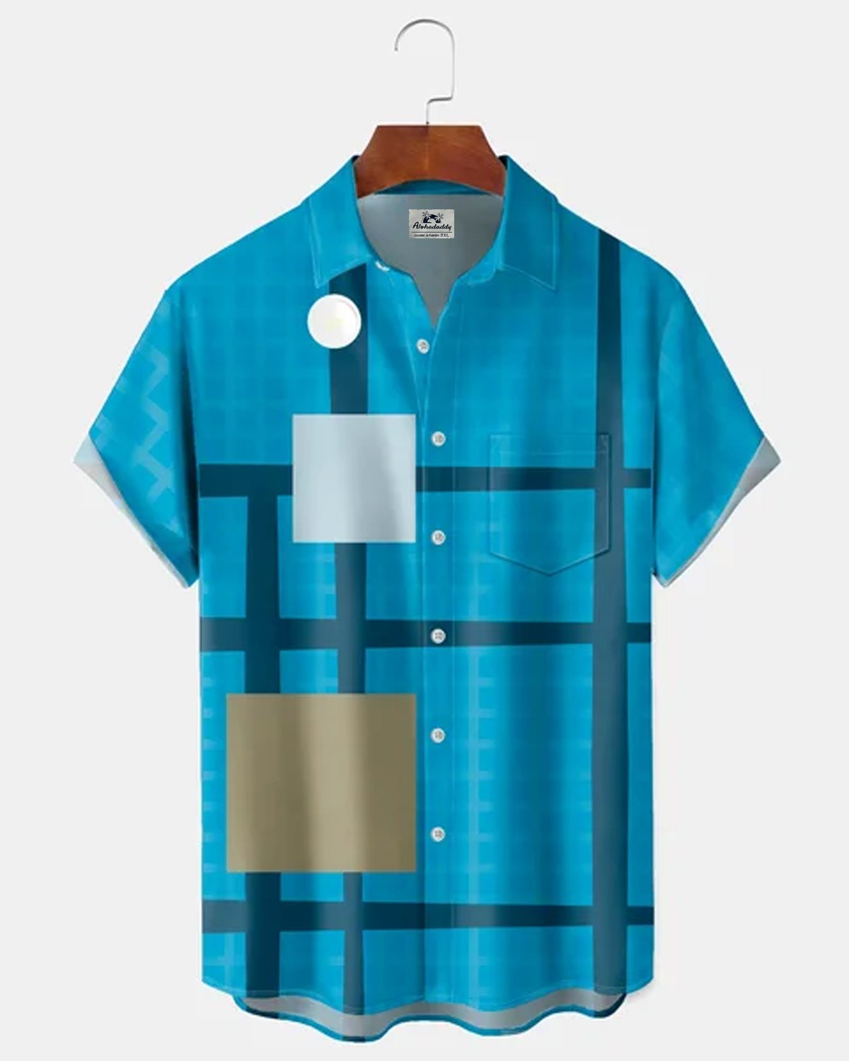 Alohadaddy® Men's Basic 1970S  Minimalist Grid Logic Abstract Color Block Rational Geometric Depth Print Retro Button Down Short-Sleeve Shirt