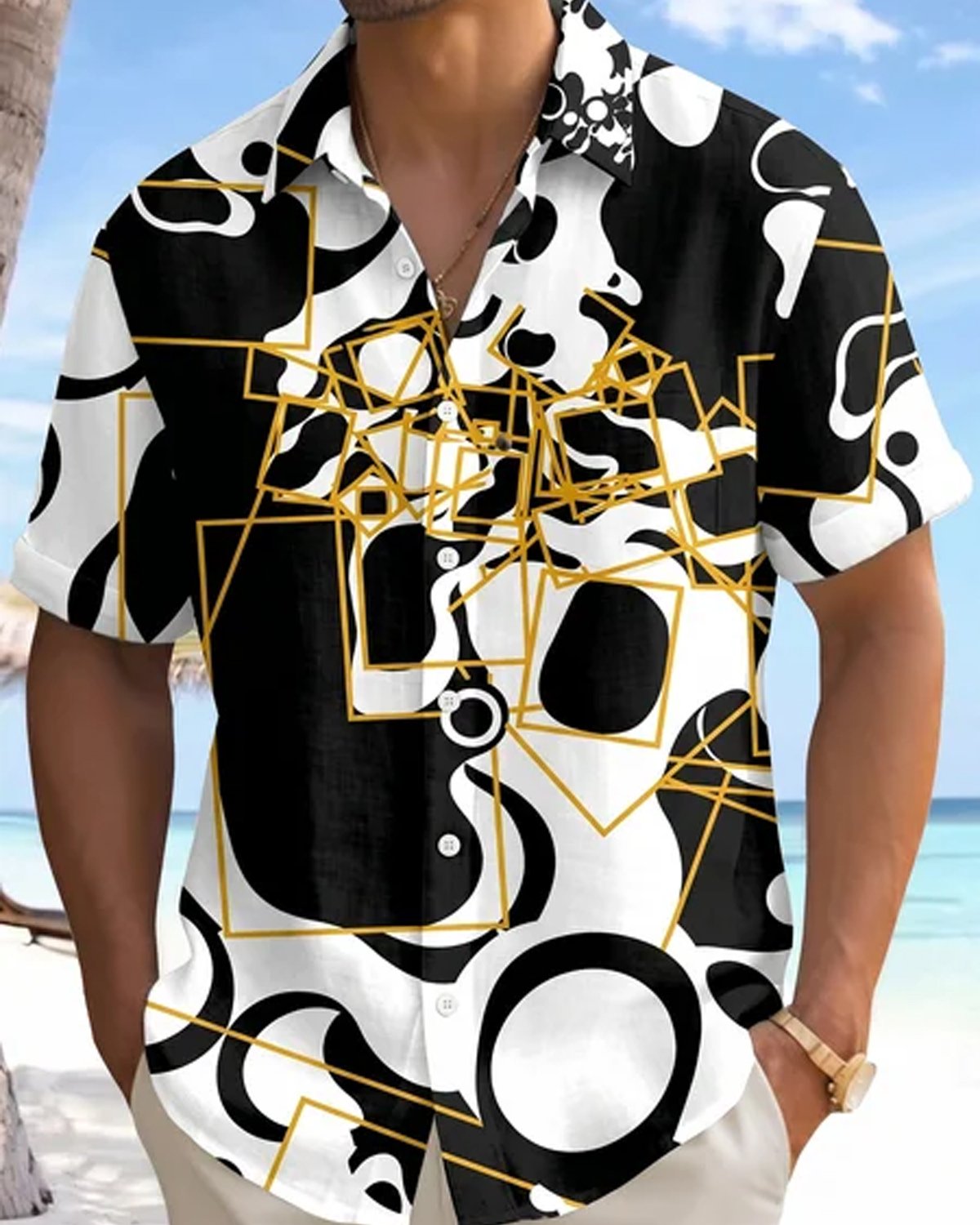 Alohadaddy® Men's Vintage Abstract Geometry Vibrant Yellow Contrast Deconstructed Artistic Blocks Print Retro Button Down Short-Sleeve Shirt