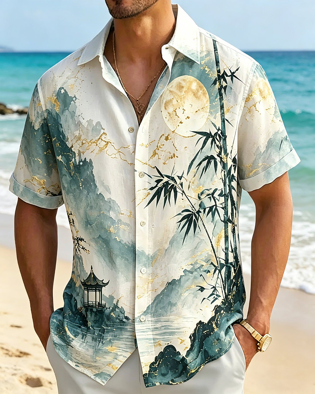 Alohadaddy® Men's Vintage Abstract  Classical Imagery Illustration Emerald Ink Texture Serene Moonlit River Print Retro Button Down Short-Sleeve Shirt