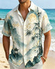 Alohadaddy® Men's Vintage Abstract  Classical Imagery Illustration Emerald Ink Texture Serene Moonlit River Print Retro Button Down Short-Sleeve Shirt