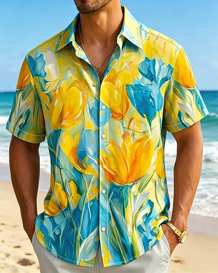 Alohadaddy® Hawaiian Floral Oil Painting Art Print Short-Sleeve Shirt