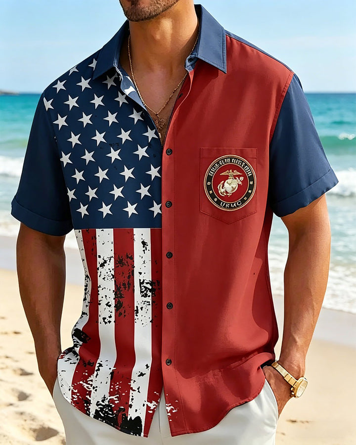Alohadaddy® Retro 250th Independence Day U.S. Flag Holiday Short-Sleeve Shirt