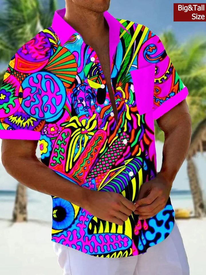 Big&amp;Tall Size Alohadaddy® Vintage Abstract Art Texture Print Chest Pocket Shirt