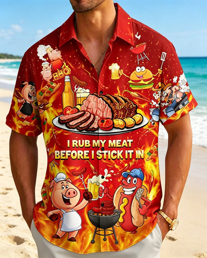 Alohadaddy® Vintage Hawaiian BBQ "Rub My Meat" Short-Sleeve Shirt