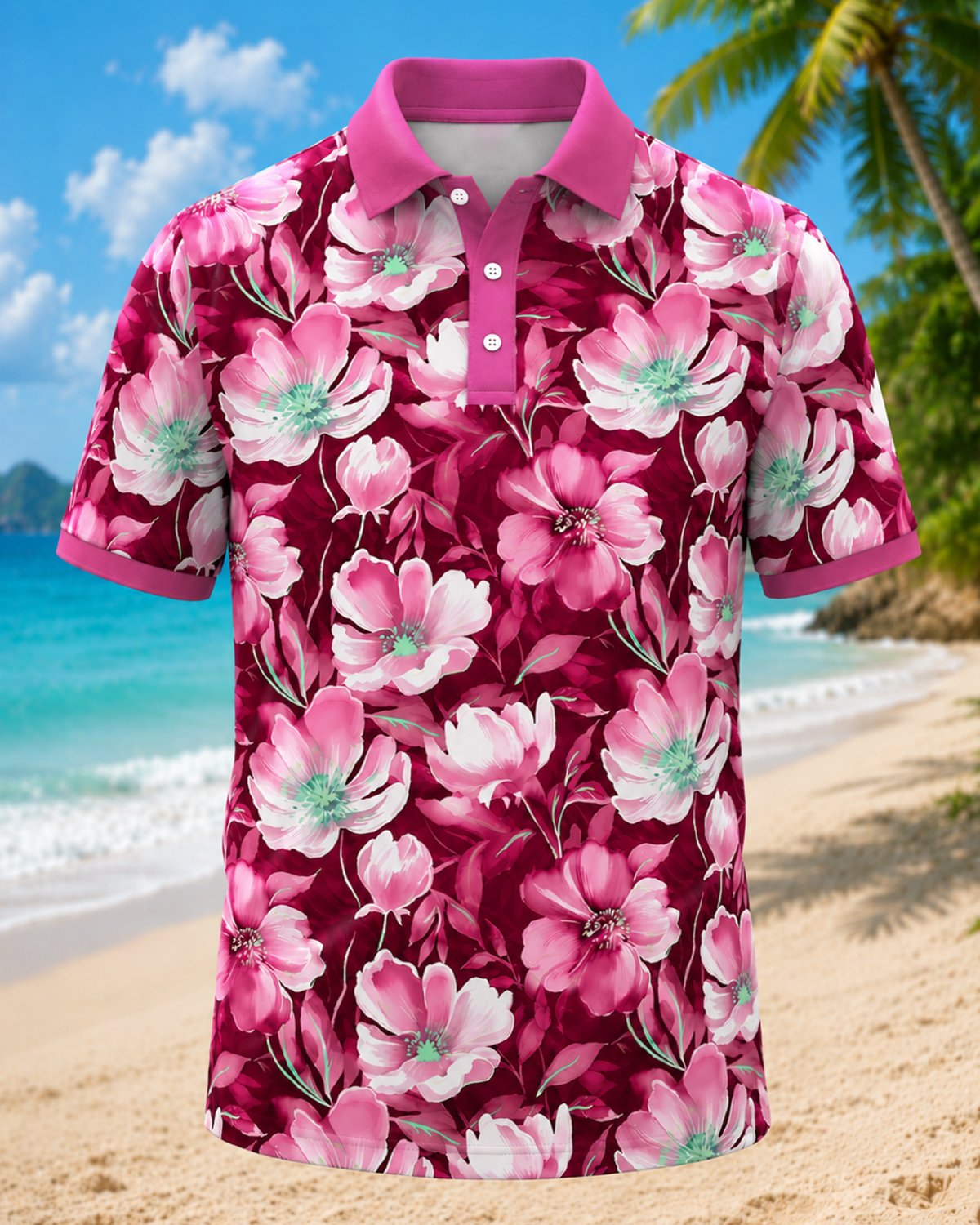Alohadaddy® Hawaiian Floral Print Men's Short Sleeve Polo Shirt