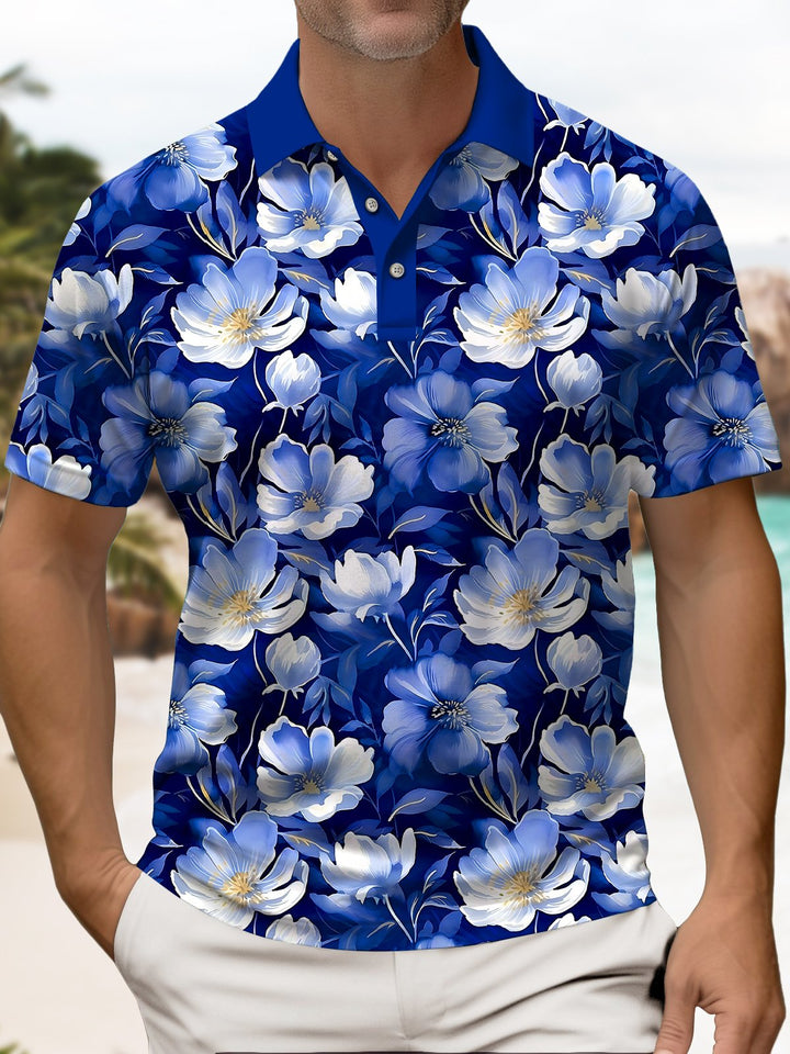 Alohadaddy® Casual Floral Art Print Chest Stretch Oversized Hawaiian Polo Shirt