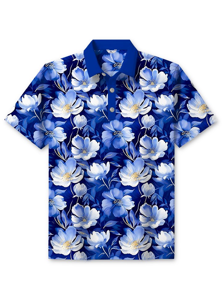 Alohadaddy® Casual Floral Art Print Chest Stretch Oversized Hawaiian Polo Shirt
