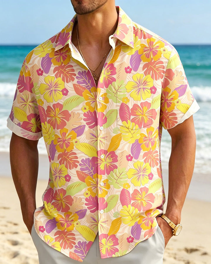 Alohadaddy® Hawaiian Holiday Tropical Hibiscus Floral Print Short-Sleeve Shirt