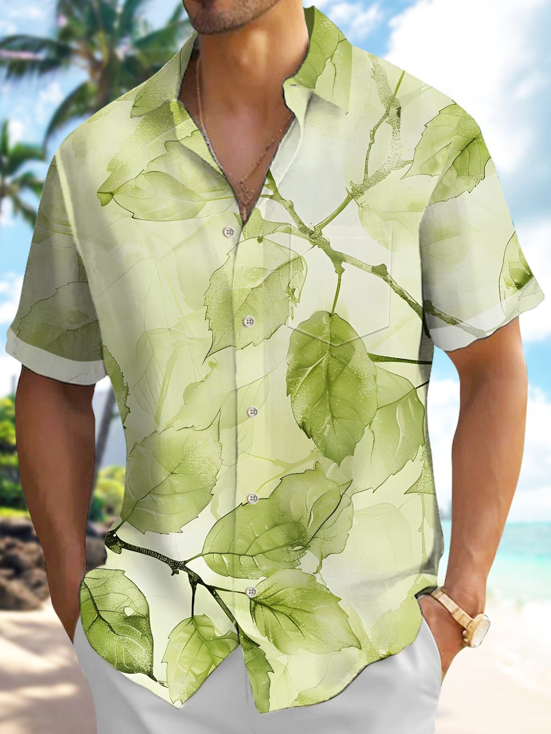 Alohadaddy® Hawaiian Floral Leaves Ombre Short Sleeve Pocket Shirt