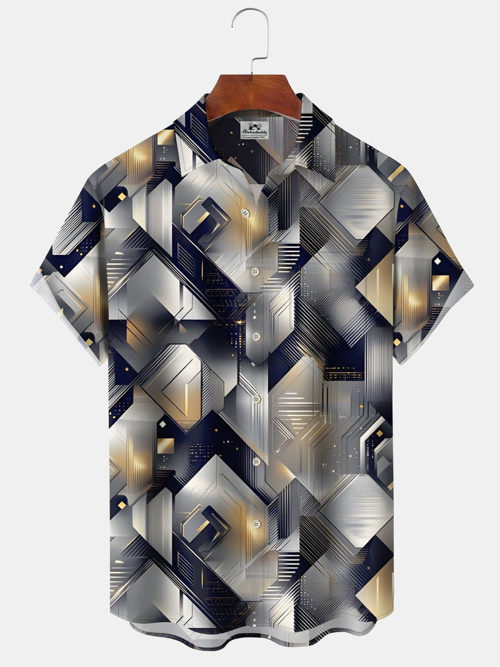 Alohadaddy® Vintage Art Gradient Geometric Squares Abstract Button Pocket Shirt