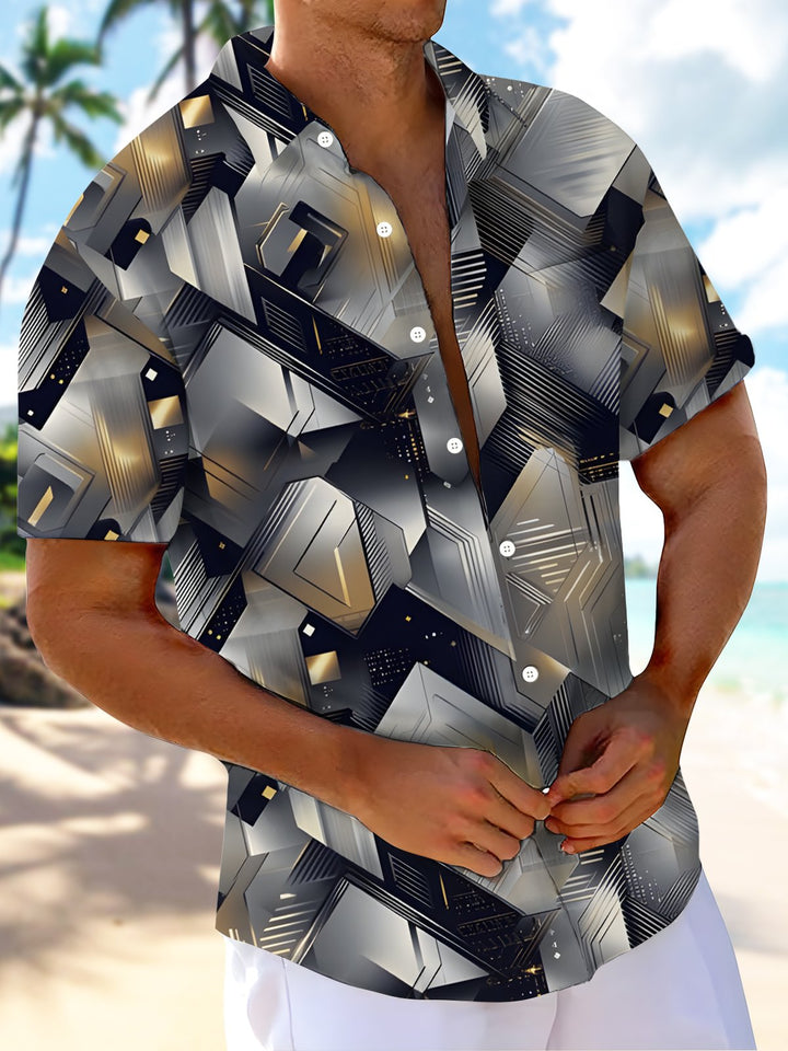 Alohadaddy® Vintage Art Gradient Geometric Squares Abstract Button Pocket Shirt