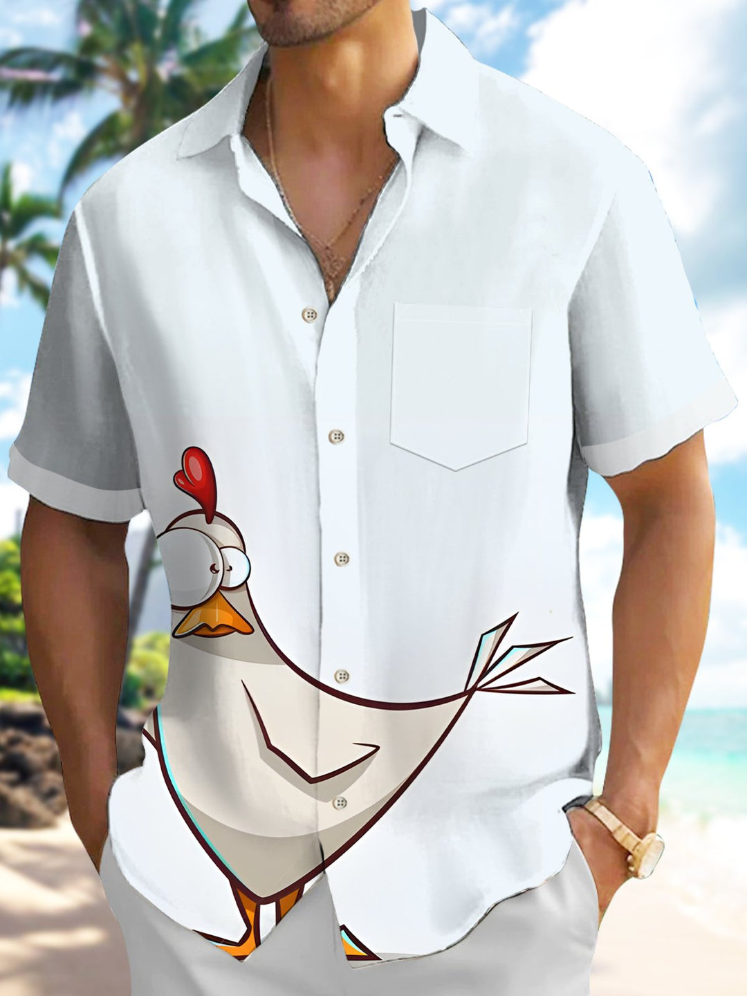 Alohadaddy® Retro Rooster Cartoon Funny Button Pocket Shirt