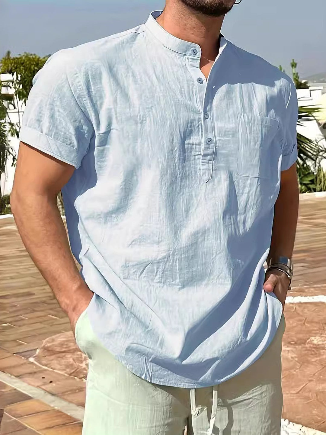 Alohadaddy® Basic Solid Stand Collar Button Henley Cotton Shirt
