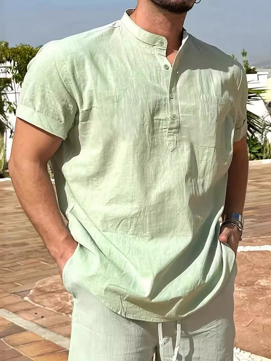Alohadaddy® Basic Solid Stand Collar Button Henley Cotton Shirt