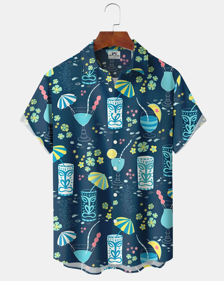 Alohadaddy® Hawaiian Tiki Print Coconut Tree Cocktail Short-Sleeve Shirt