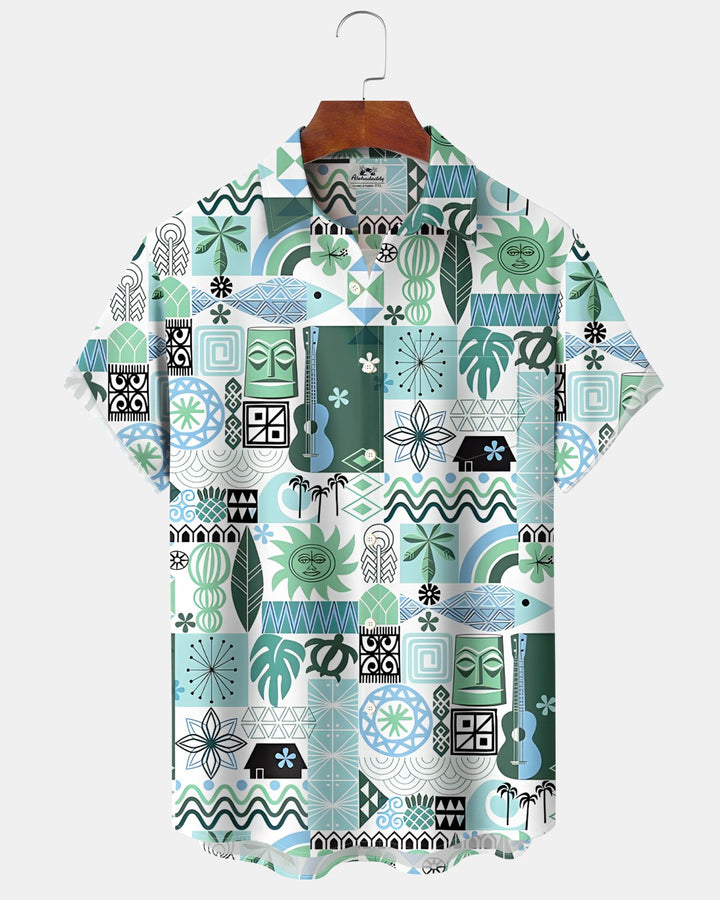 Alohadaddy® Hawaiian Tiki Coconut Cocktail Classic Geometric Print Short-Sleeve Shirt