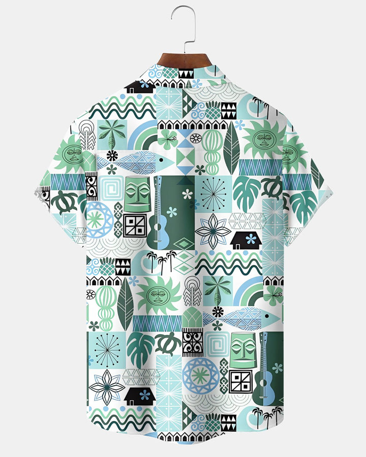 Alohadaddy® Hawaiian Tiki Coconut Cocktail Classic Geometric Print Short-Sleeve Shirt
