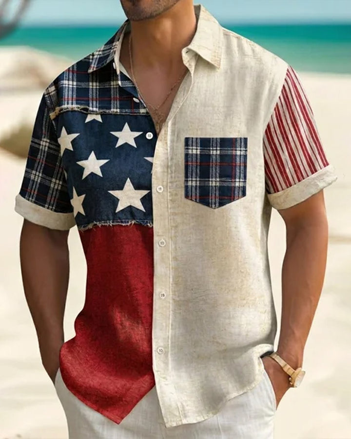 Alohadaddy® American Flag Geometric Holiday Independence Day Print Short-Sleeve Shirt