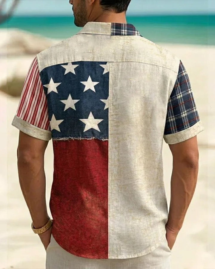 Alohadaddy® American Flag Geometric Holiday Independence Day Print Short-Sleeve Shirt
