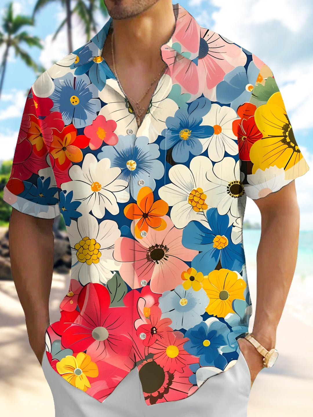 Alohadaddy® Hawaiian 70s Vintage Floral Tropical Button Pocket Shirt