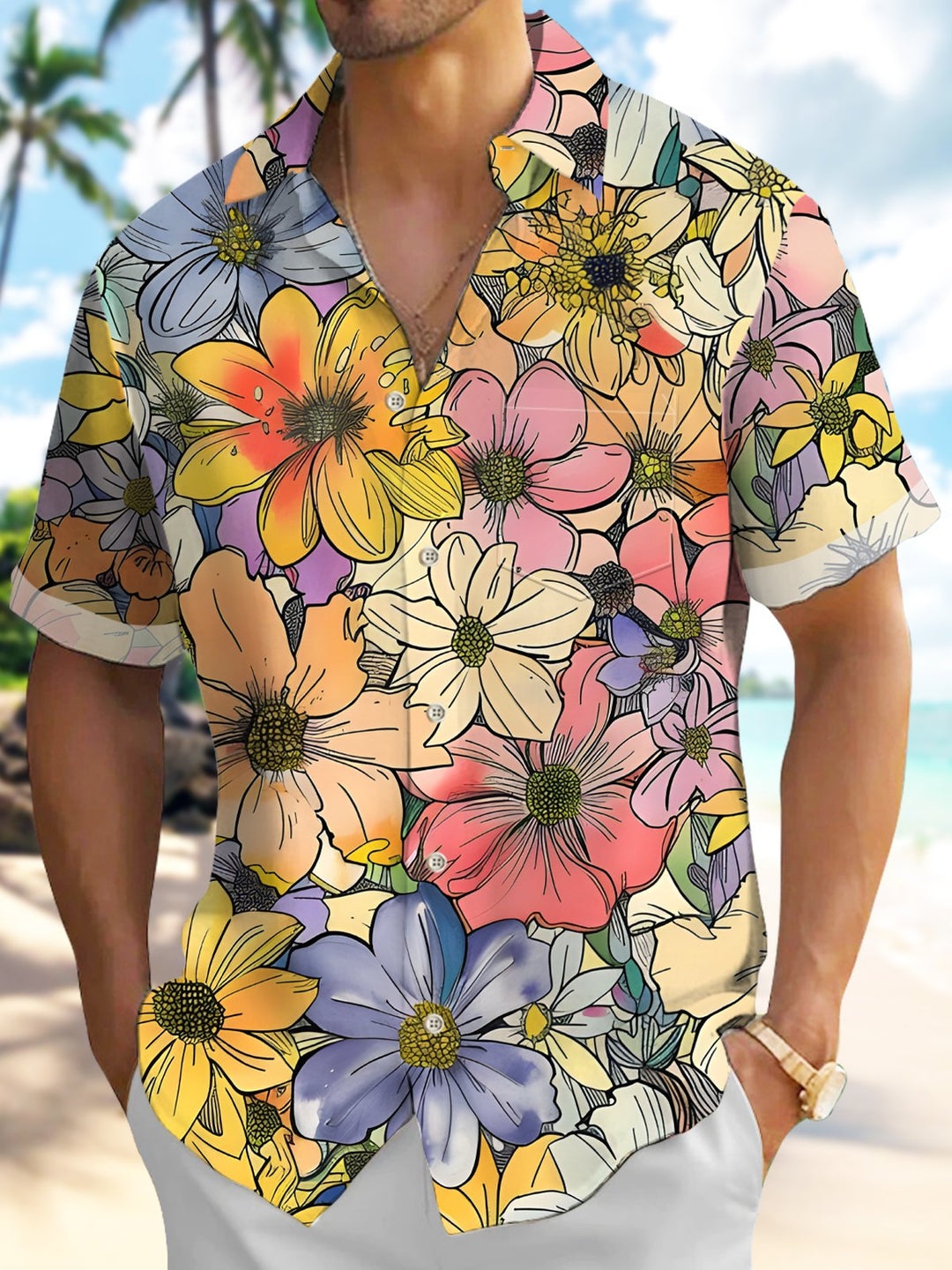 Alohadaddy® Hawaiian Vintage 70s Floral Tropical Button Pocket Shirt
