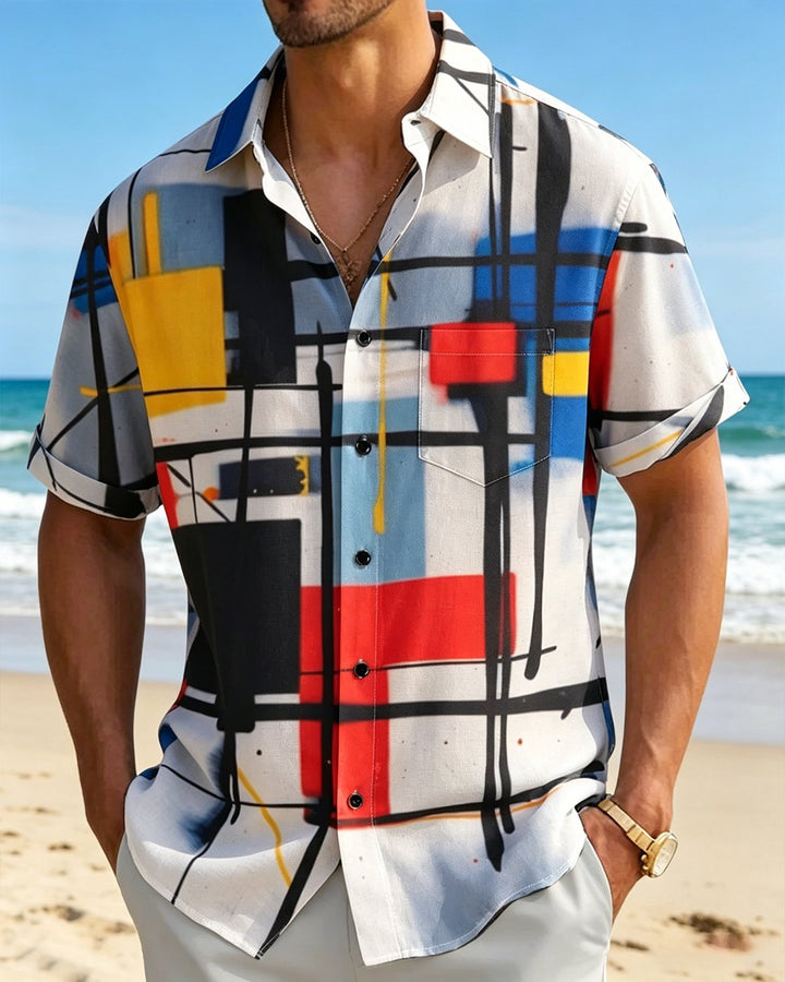 Alohadaddy® Retro Classic Art-Inspired Geometric Color-Block Print Short-Sleeve Shirt