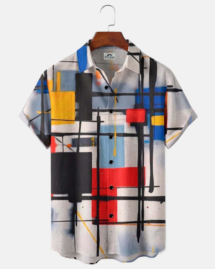 Alohadaddy® Retro Classic Art-Inspired Geometric Color-Block Print Short-Sleeve Shirt