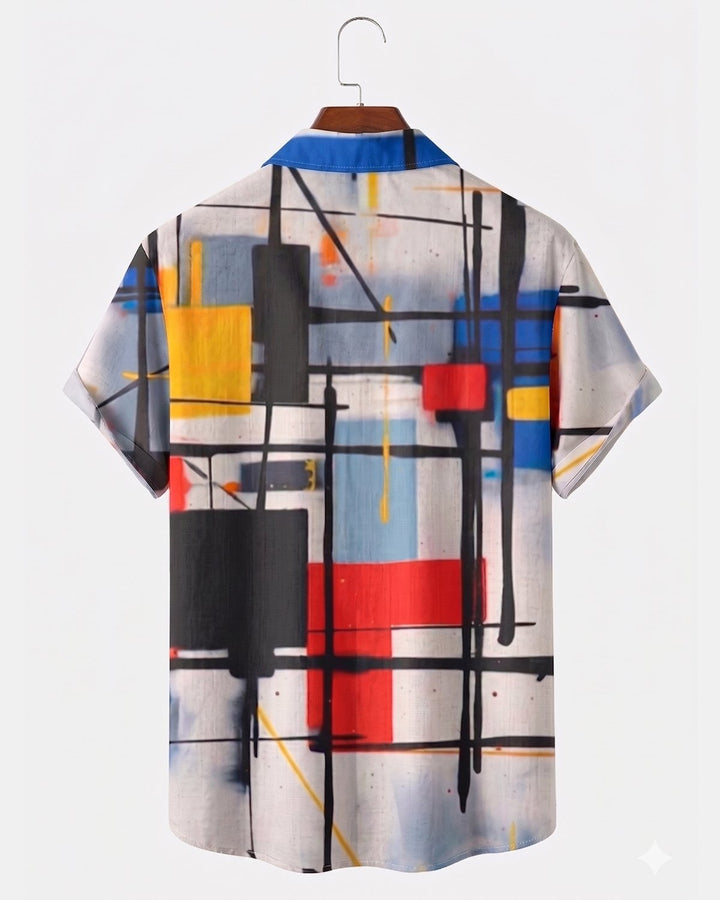 Alohadaddy® Retro Classic Art-Inspired Geometric Color-Block Print Short-Sleeve Shirt
