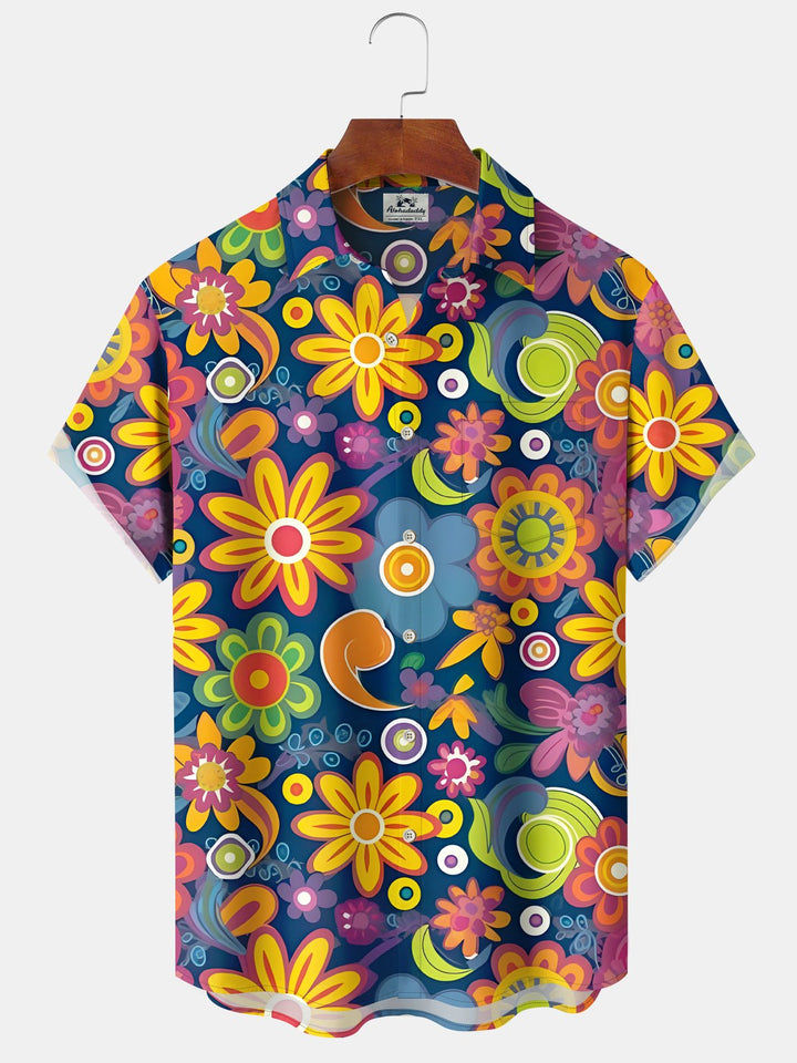 Alohadaddy® 1970s Retro Music Hippie Psychedelic Flower Pocket Shirt