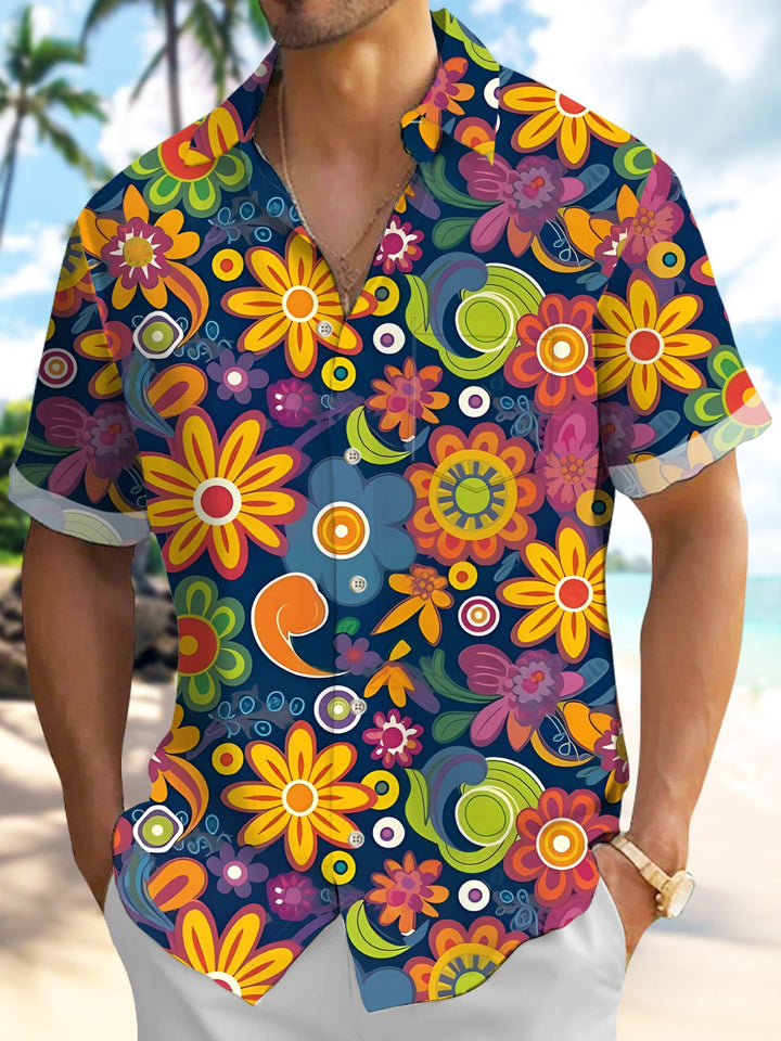 Alohadaddy® 1970s Retro Music Hippie Psychedelic Flower Pocket Shirt