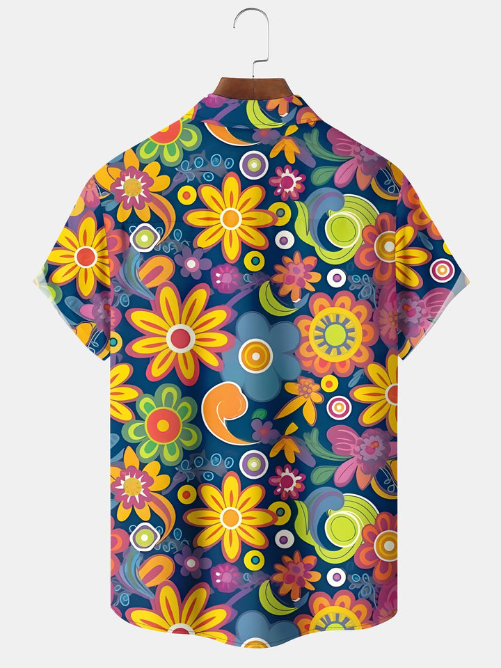 Alohadaddy® 1970s Retro Music Hippie Psychedelic Flower Pocket Shirt