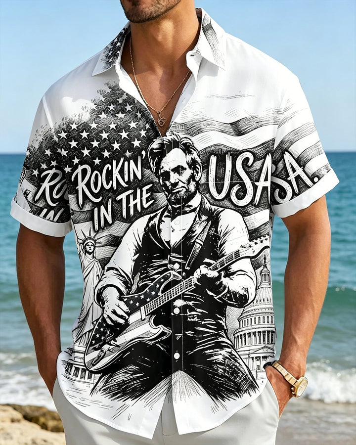 Alohadaddy® U.S. Flag &amp; 250th Independence Day Rock Guitar Print Short-Sleeve Shirt