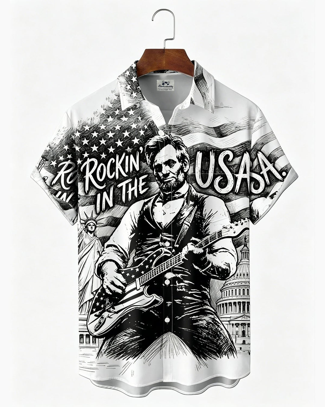 Alohadaddy® U.S. Flag &amp; 250th Independence Day Rock Guitar Print Short-Sleeve Shirt