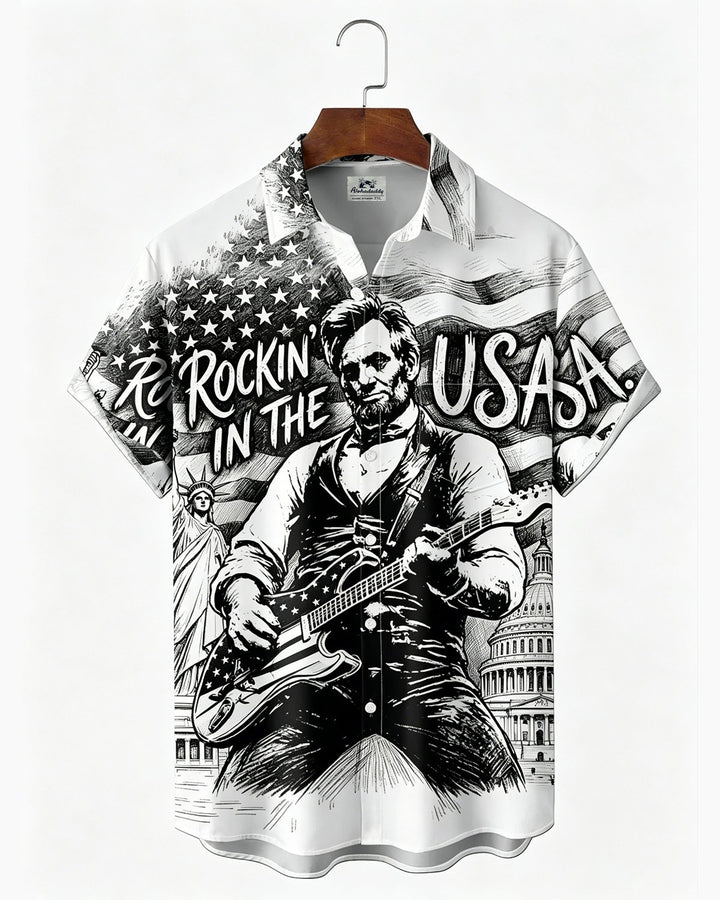Alohadaddy® U.S. Flag &amp; 250th Independence Day Rock Guitar Print Short-Sleeve Shirt