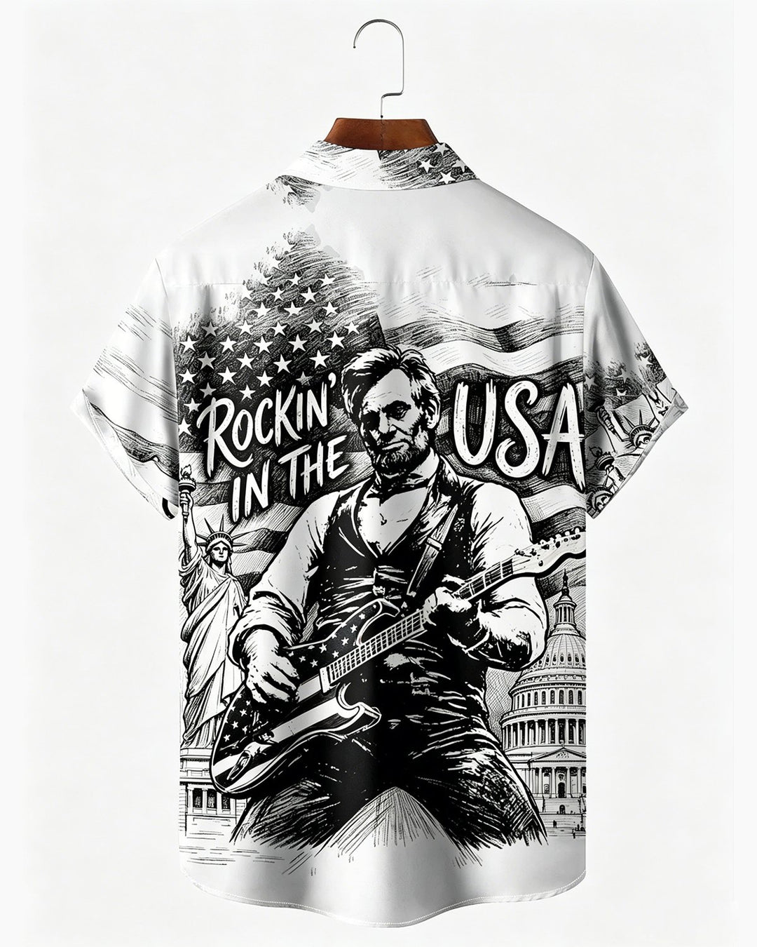 Alohadaddy® U.S. Flag &amp; 250th Independence Day Rock Guitar Print Short-Sleeve Shirt