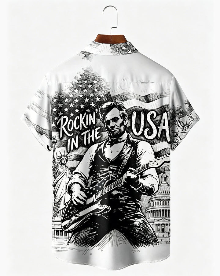 Alohadaddy® U.S. Flag &amp; 250th Independence Day Rock Guitar Print Short-Sleeve Shirt