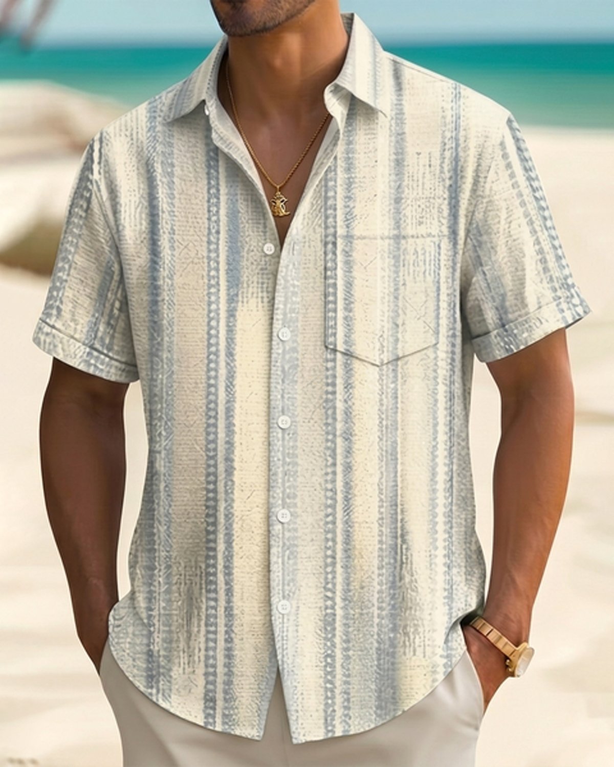 Alohadaddy® Men's Vintage Abstract Geometric Washed Stripes Print Retro Short-Sleeve Shirt