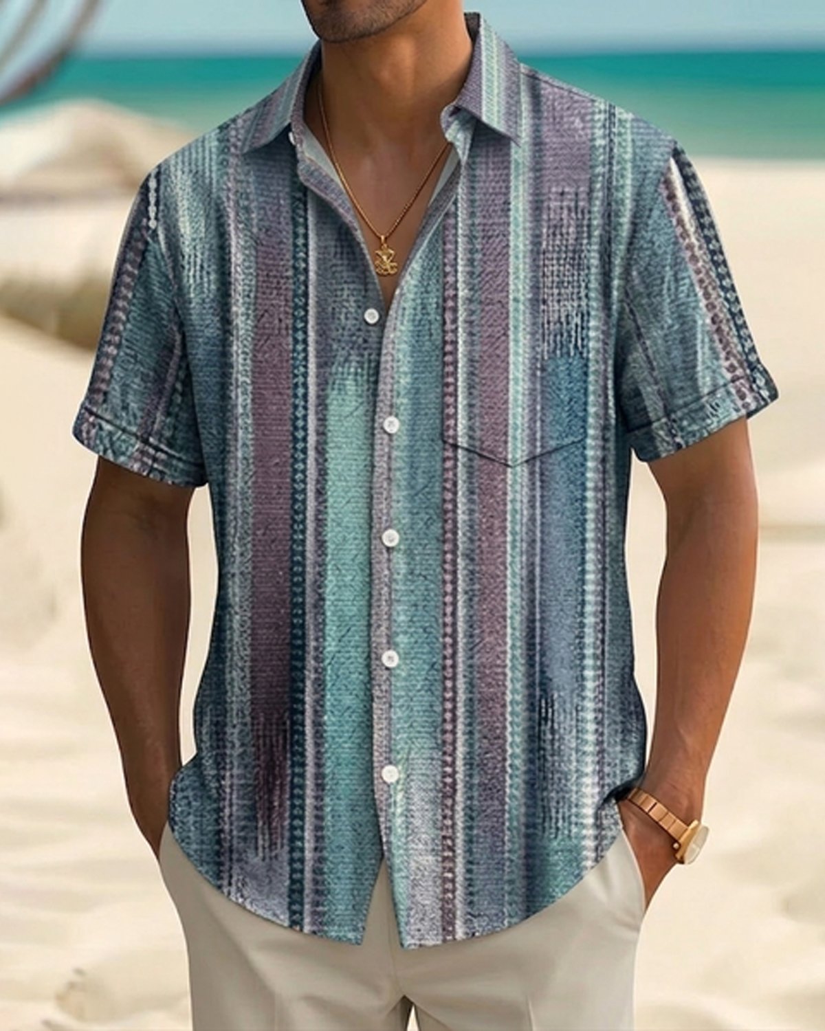 Alohadaddy® Men's Vintage Abstract Geometric Washed Stripes Print Retro Short-Sleeve Shirt