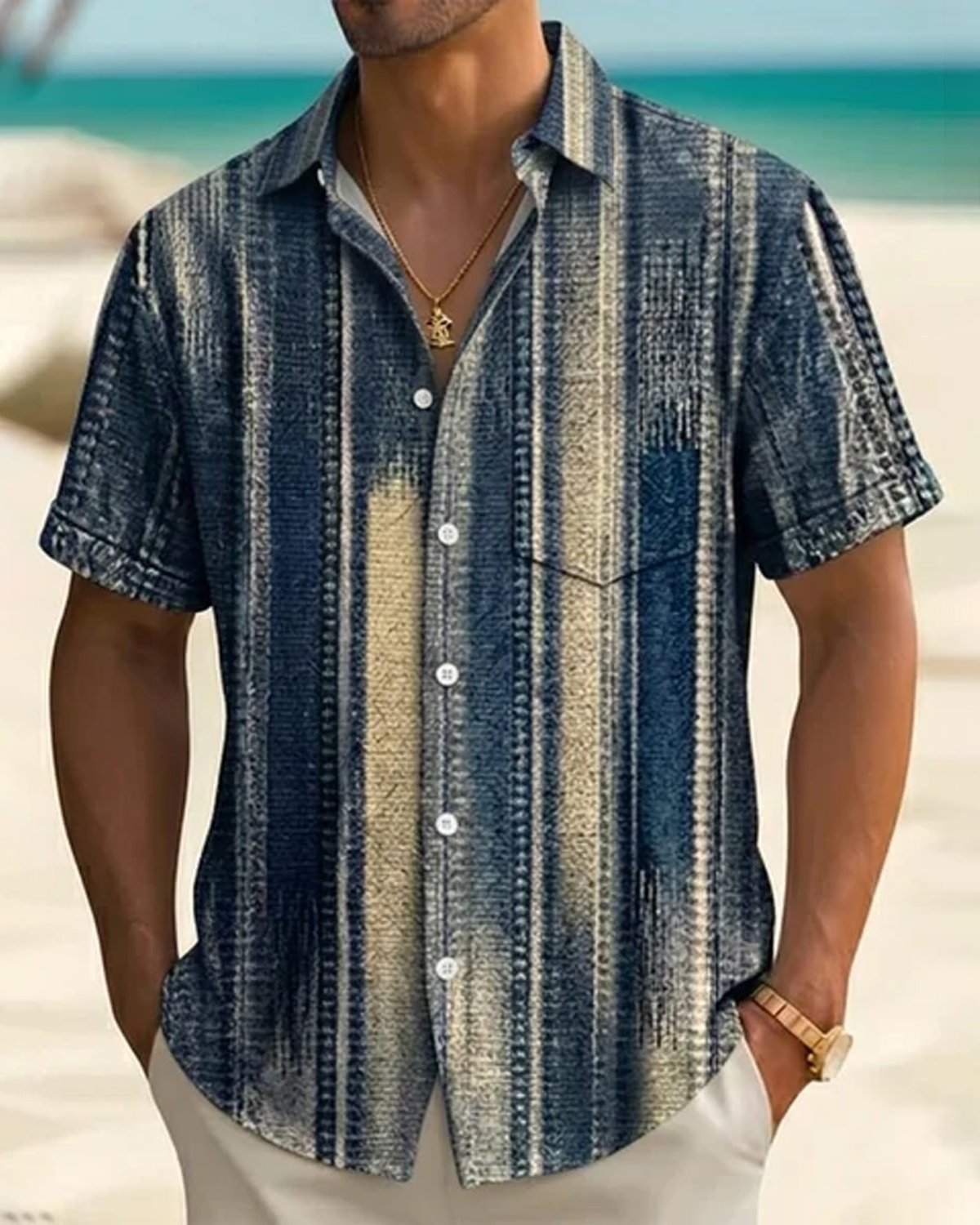 Alohadaddy® Men's Vintage Abstract Geometric Washed Stripes Print Retro Short-Sleeve Shirt