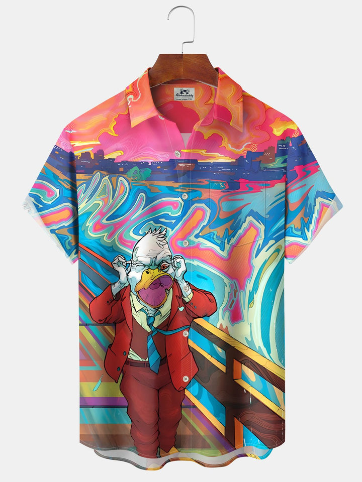Alohadaddy® 1970s Retro Animation Cartoon Funny Oil Painting Screaming Duck Pocket Shirt