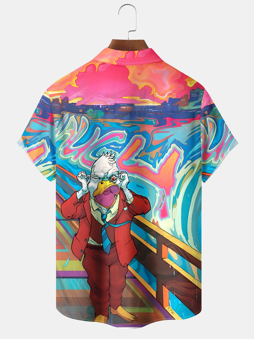 Alohadaddy® 1970s Retro Animation Cartoon Funny Oil Painting Screaming Duck Pocket Shirt