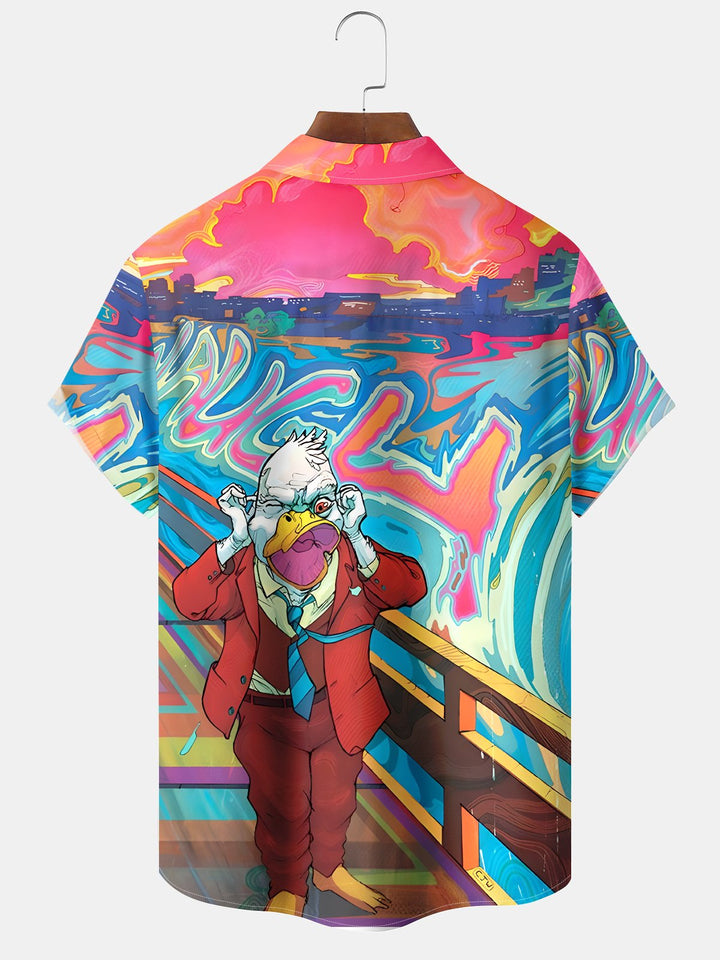 Alohadaddy® 1970s Retro Animation Cartoon Funny Oil Painting Screaming Duck Pocket Shirt