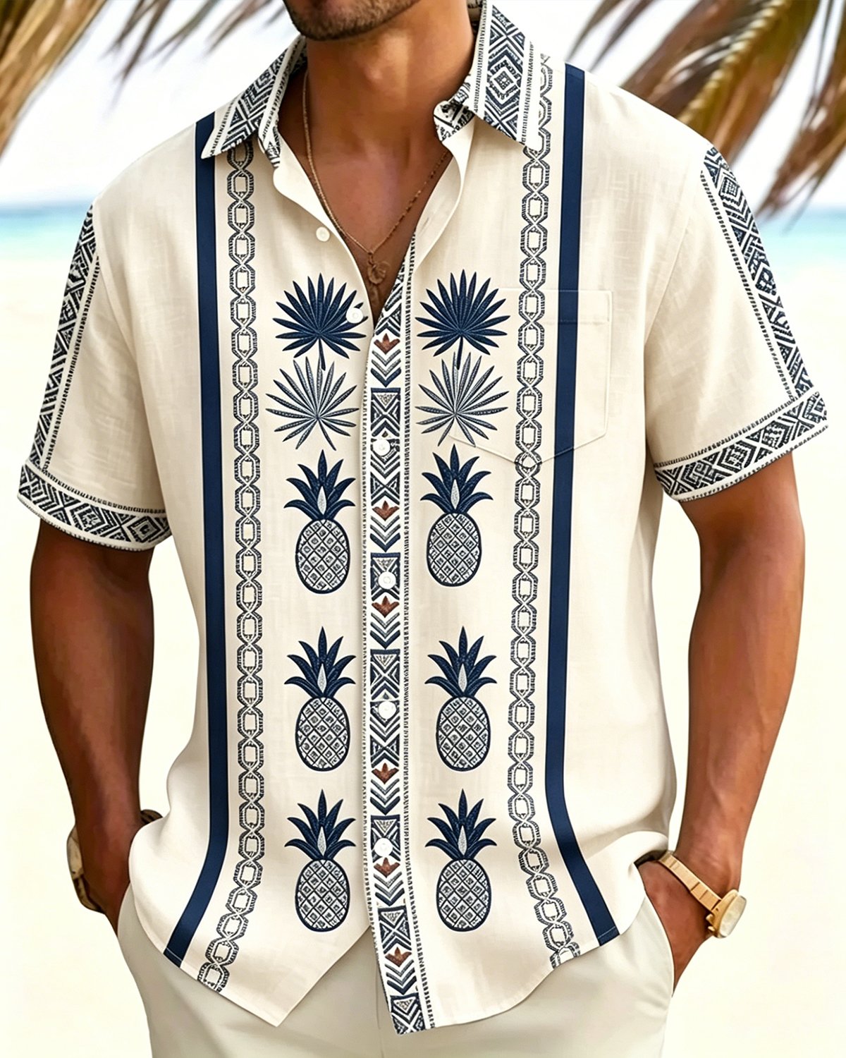 Alohadaddy® Men's Tropic Tropical Pineapple Totem Island Resort Aesthetic Print Retro Button Down Short-Sleeve Shirt