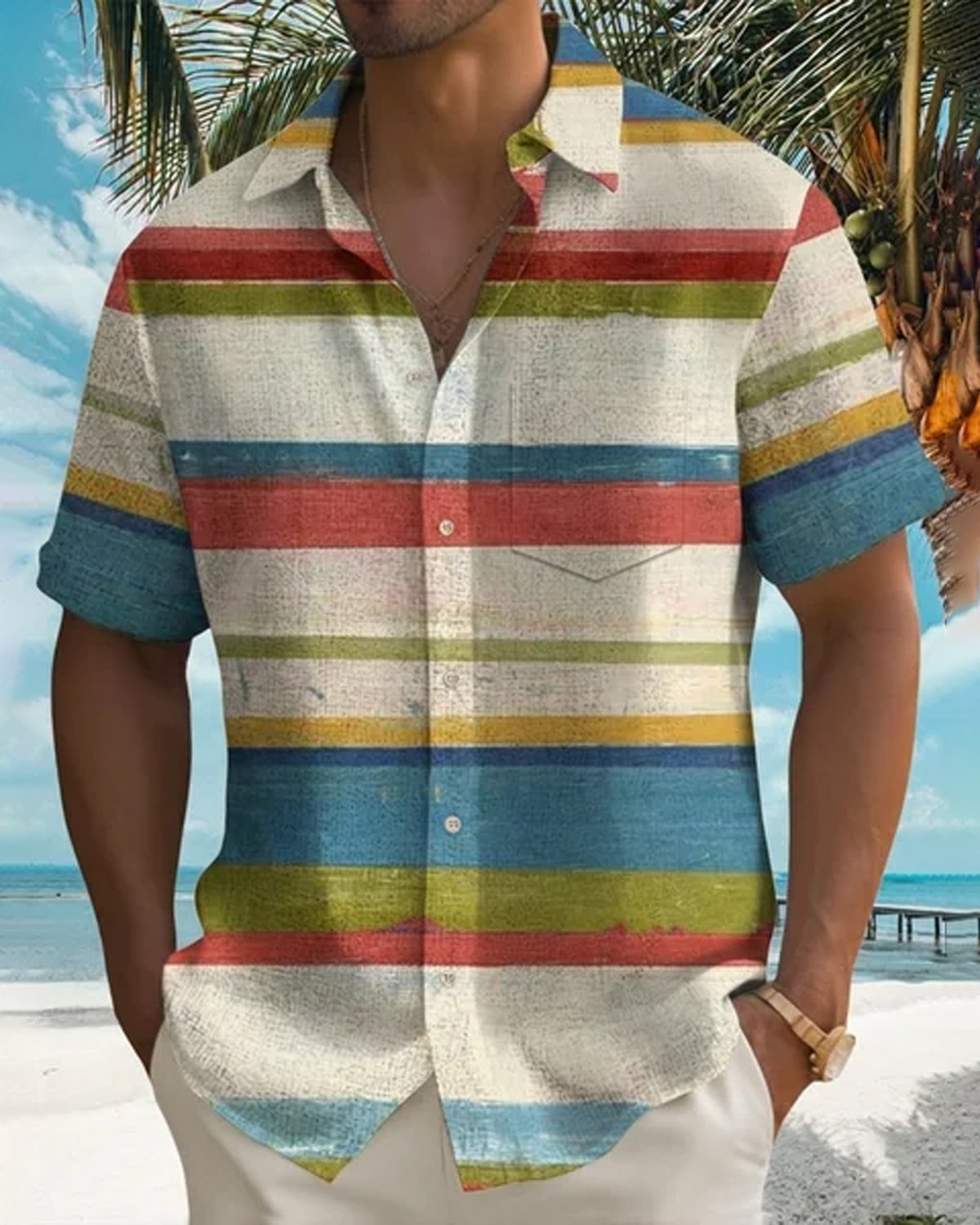Alohadaddy® Men's Basic Multicolor Artistic Stripes Hand-painted Brushstroke Vibrant Casual Aesthetic Print Retro Button Down Short-Sleeve Shirt